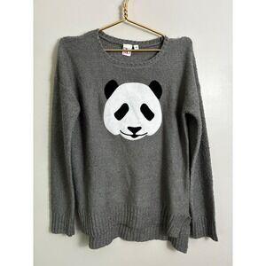 Oh MG! Panda Graphic Sweater Women L Gray Marled Knit Pullover Animal Patch Cute